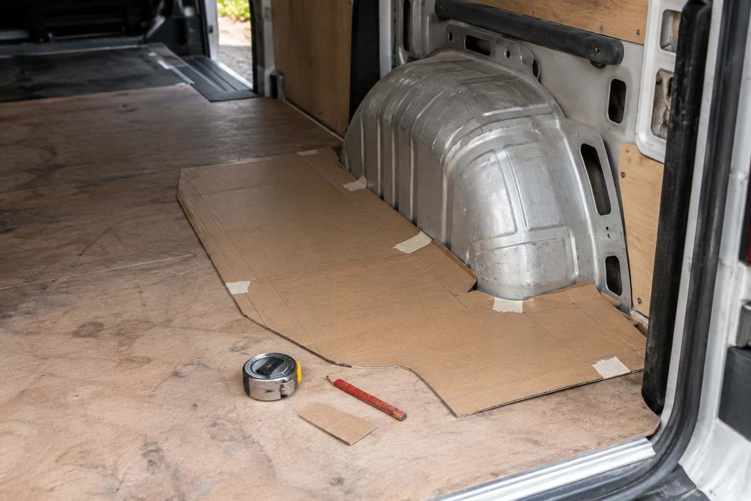 A patched cardboard floor template fitted around a van wheel arch.